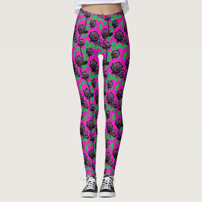 Legging Glossy Black Roses On A Hot Pink Background (Frente)