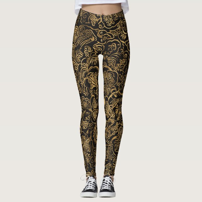 Legging Gold Floral Baroque Pattern on Black (Frente)