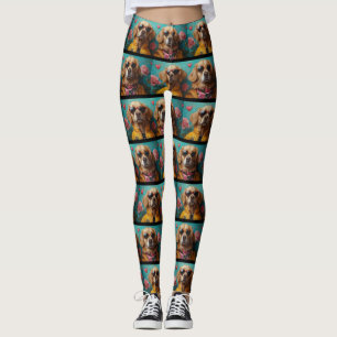 Legging Golden Retriever Com Rosas do Coração Dia dos Namo