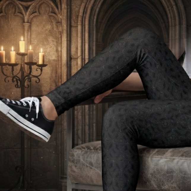Legging Gótico Moody Onyx Barroco Corvo (Gothic black patterned leggings for alternative fashion lovers on casual days.)