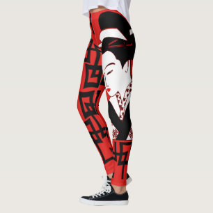 Legging gráfico vermelho branco do preto japonês da meni