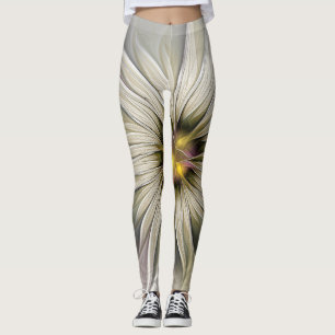 Legging Grande Flor de Marfim, Arte Fractal Moderna Abstra