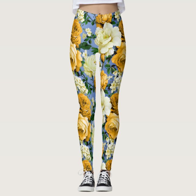 Legging Grande Flor Rosa Amarela Retro (Frente)