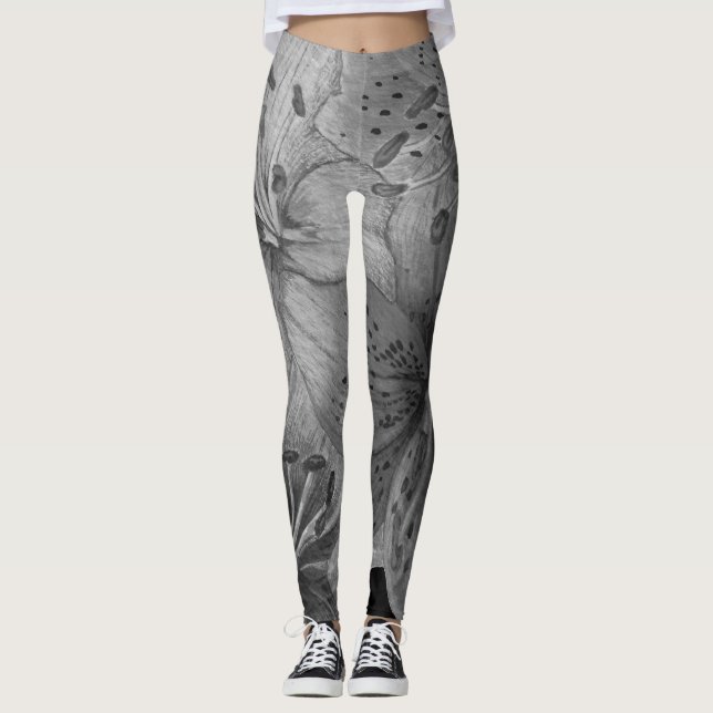 Legging grande padrão floral contemporâneo preto e branco (Frente)
