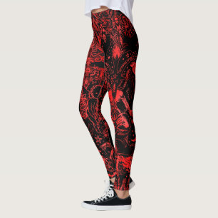 Legging Grande Padrão Vermelho Vitoriano Gótico Baphomet