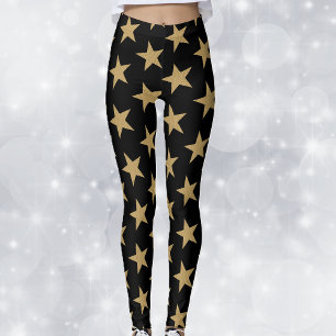 Legging Grandes e Douradas estrelas de Natal em preto
