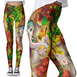 Legging Green Red Ganesh Hippie Boho Festival Psicedélico