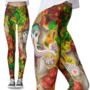 Legging Green Red Ganesh Hippie Boho Festival Psicedélico