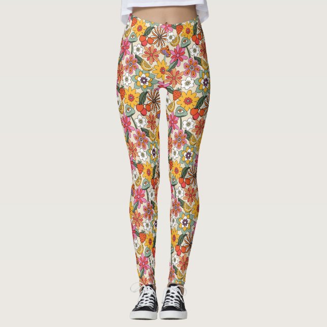 Legging Groovy 70's, Orange, Pink, & Green Floral (Frente)