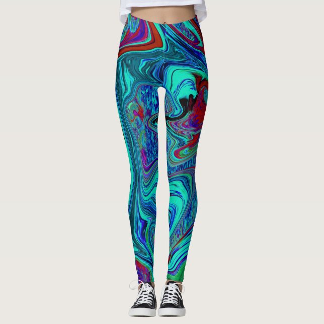 Legging Groovy Abstrato Retro Art em Azul e Vermelho (Frente)