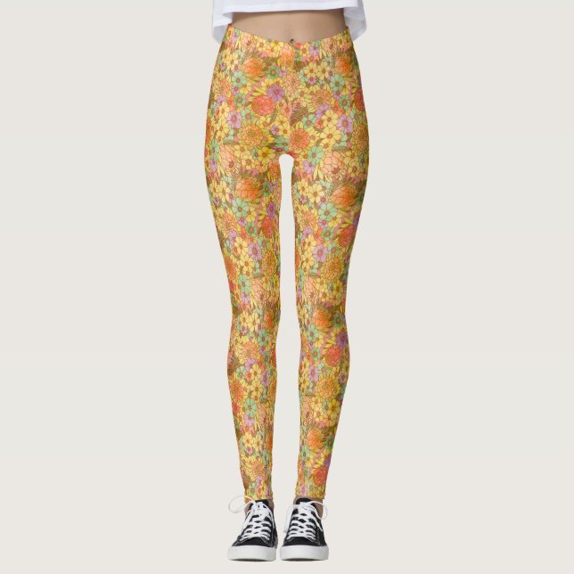 Legging Groovy Retro Summertime Protea E Padrão De Margari (Frente)