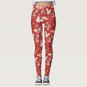 Legging Groseira do padrão Sakura do Grou-de-coroa-vermelh