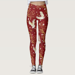 Legging Groseira do padrão Sakura do Grou-de-coroa-vermelh