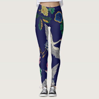 Legging Gruas bordadas e flores, sem costura de vinhaça
