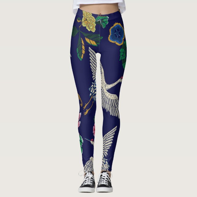 Legging Gruas bordadas e flores, sem costura de vinhaça (Frente)