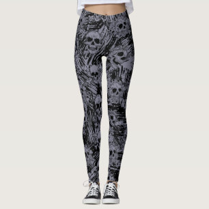 Legging Grunge Skull Bones Padrão Cinza Negra Halloween