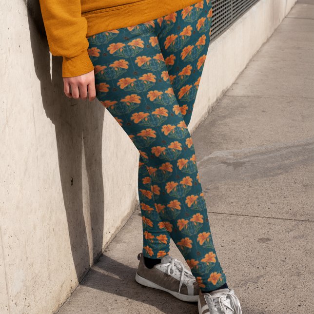 Legging Halloween, Aranhas, Webs, Lily Laranja, Branca Esc (Halloween, Spiders, Webs, Orange Lily, Dark Whimsy Leggings - Small Pattern Repeat)