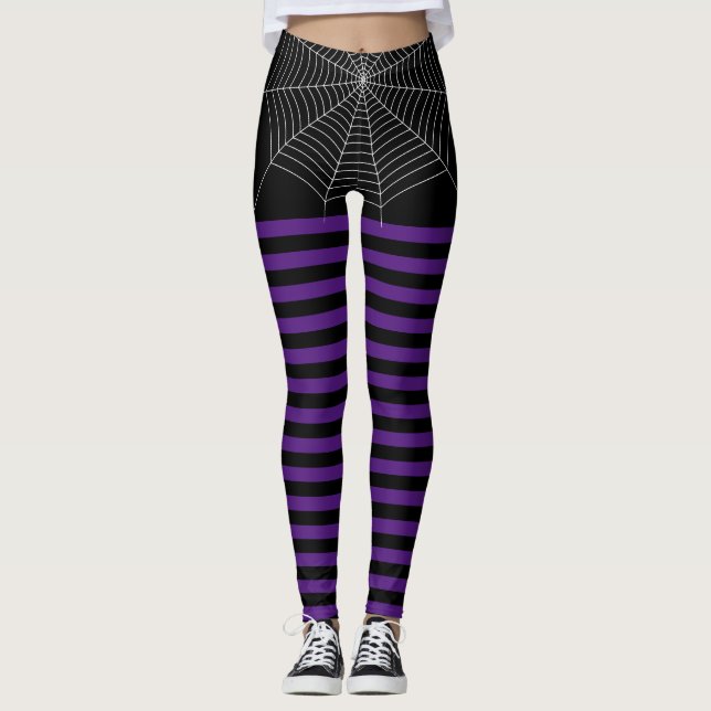 Legging Halloween Black Purple White spider stripes (Frente)