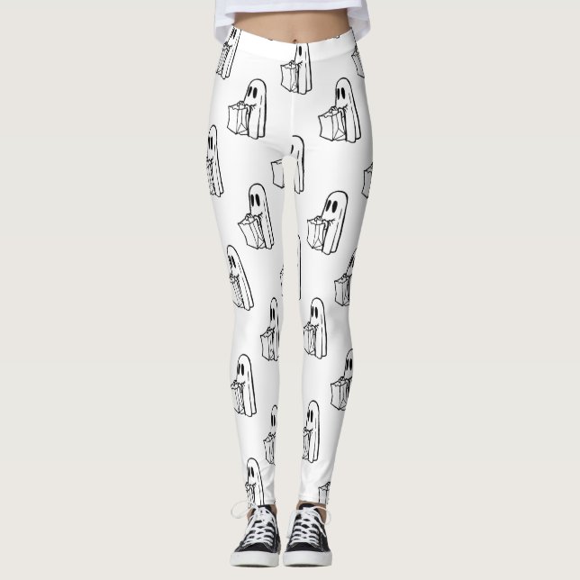Legging Halloween, Branco Fantasma, Truque Ou Tratar, Boo (Frente)
