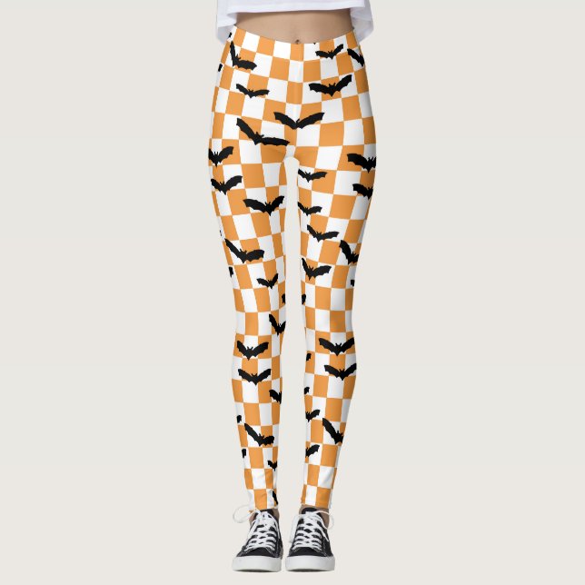Legging Halloween Checkerboard Spooky morcegos modernos (Frente)