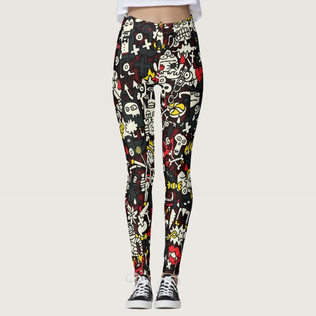 Legging Halloween Mini Doodle Vintage Patterno (Frente)