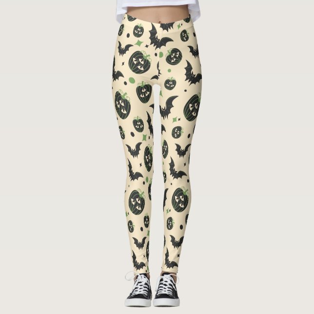 Legging Halloween Moderno de 3 Olhos de Pumpkin e Bats (Frente)