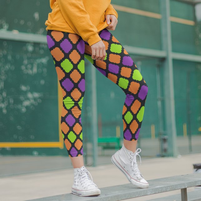 Legging Halloween Quatrefoil Padrão Laranja Roxo Verde (Criador carregado)