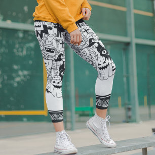 Legging Halloween Scary Monster Doodle Black White Modern