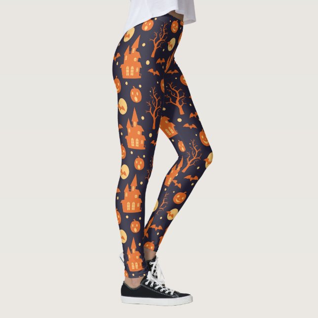 Legging Halloween Spooky House Bats Trees Pumpkin Festivo (Direita)