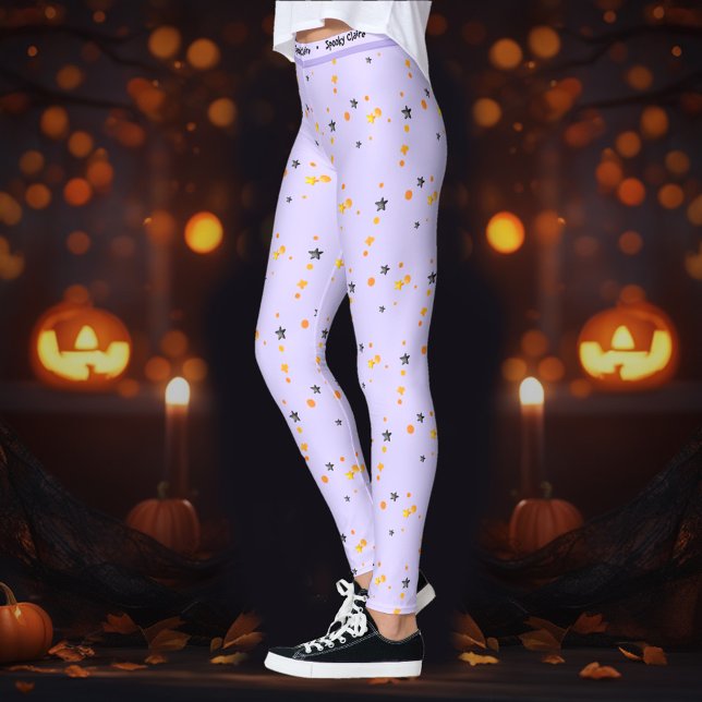 Legging Halloween Spooky Stars Nome de Roxo (Halloween Spooky Stars Purple Name Leggings)