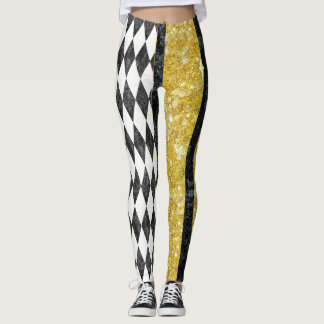 Legging Harlequim Diamante Xadrez Preto Branco Dourado Arg