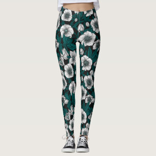 Legging Hellebores brancos com folhas azuis