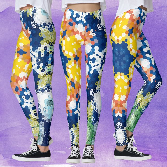 Legging Hex Mandala Blue Yellow Orange e Green (Blue Yellow Orange and Green Hexagon Mandala Leggings by Wormhole Orbital)
