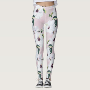 Legging Hibisco Branco Elegante sobre fundo cor-de-rosa su