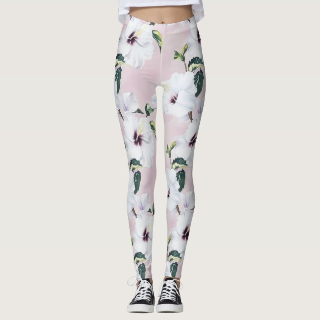 Legging Hibisco Branco Elegante sobre fundo cor-de-rosa su (Frente)
