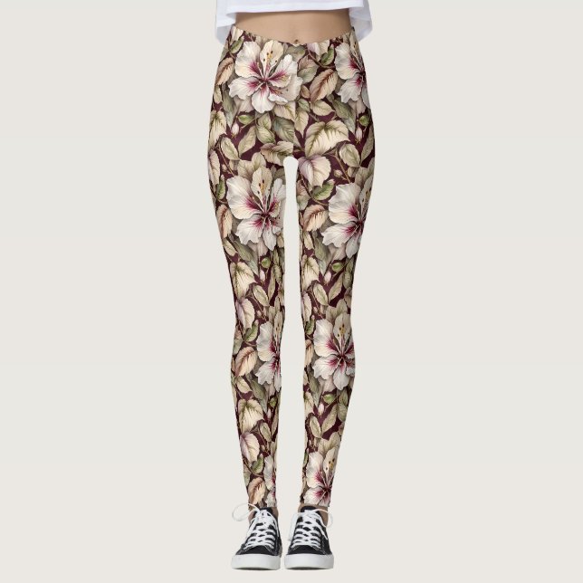 Legging Hibisco Branco em Maroon (Frente)