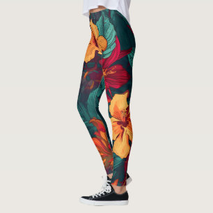 Legging Hibisco Colorido, Floral Verde Amarelo Laranja
