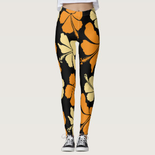 Legging Hibisco Havaiano: Padrão Tropical Laranja.