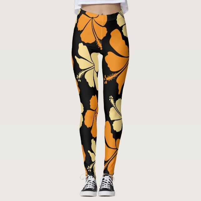Legging Hibisco Havaiano: Padrão Tropical Laranja. (Frente)