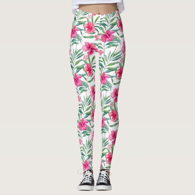 Legging hibisco rosa com padrão tropical das folhas (Frente)