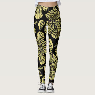 Legging Hibisco Tropical: Flores Vintage Amarelas-Pretas.