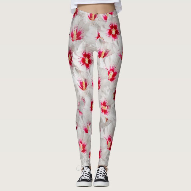 Legging Hibiscus - Padrão Chinês de Flor Rosa (Frente)