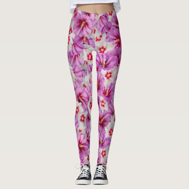 Legging Hibiscus - Padrão Chinês de Flor Rosa (Frente)