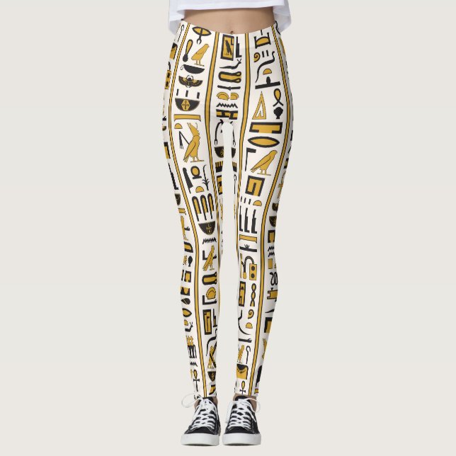 Legging Hieróglifos Egípcios: Amarelo-Preto Sem Costura. (Frente)