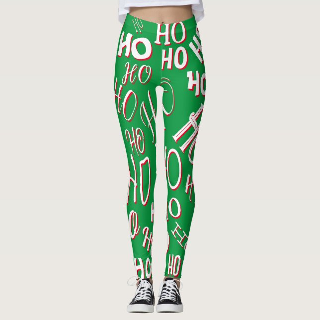 Legging HO HO Padrão de texto de Natal branco verde (Frente)