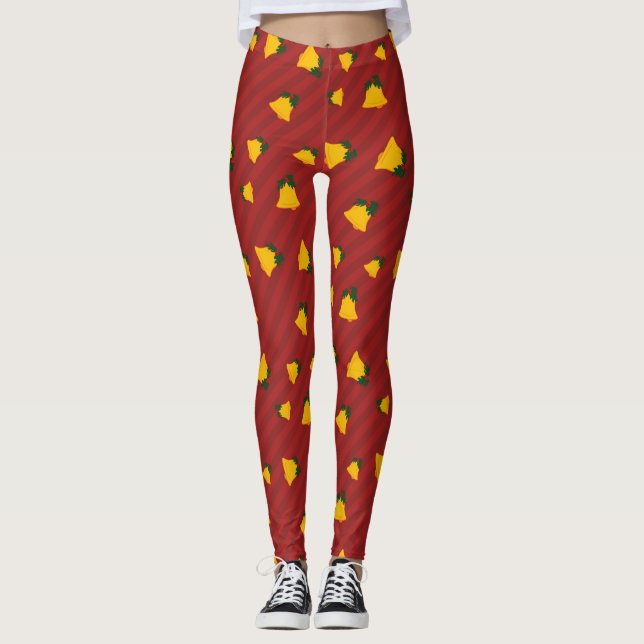 Legging Holiday Red Gold Stripe Bells Christmas (Frente)
