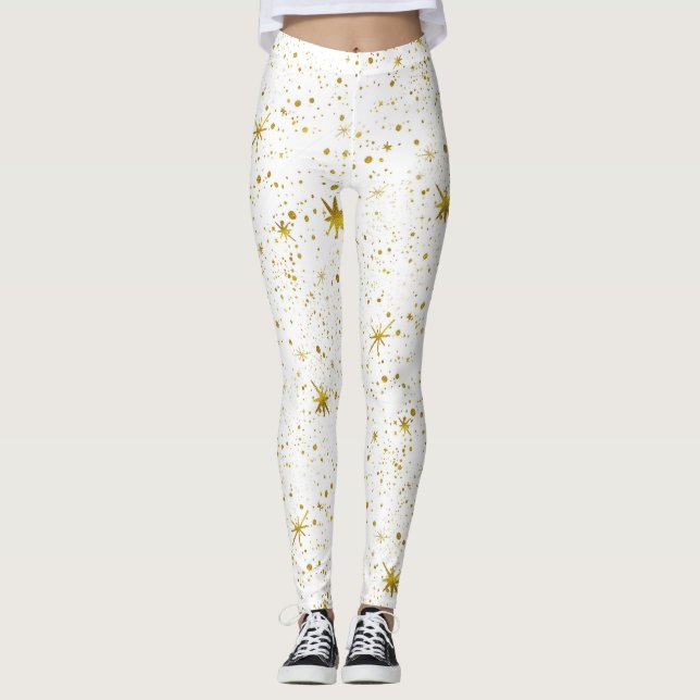 Legging Holiday Sparkle - Estrelas de Natal brancas e Dour (Frente)