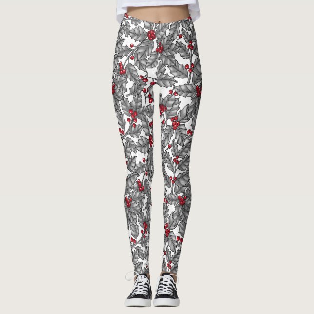 Legging Holly berry, gray leaves on white (Frente)
