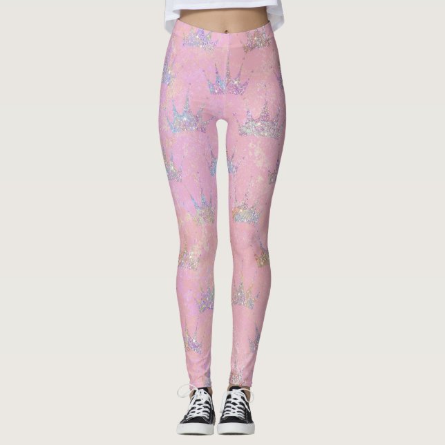 Legging Holograma Hológrafo Glitter Crown Pink Swirl Marbl (Frente)