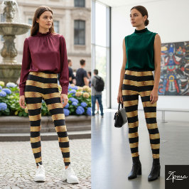 Legging Horizontal Stripe Black Gold Metallic Glossy